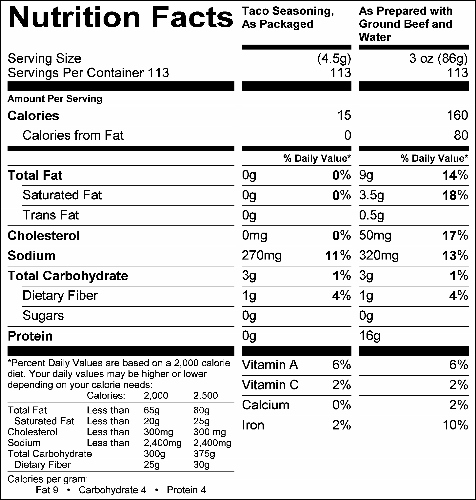 Taco Seasoning Mix (G0525) Nutritional Information