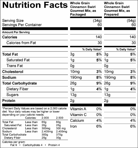 Whole Grain Cinnamon Swirl Coffee Cake/Muffin Mix  (G0642) Nutritional Information