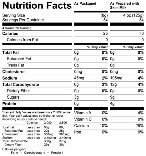 French Vanilla - Golden Choice Low Sugar Pudding Mix (GC80435S) Nutritional Information