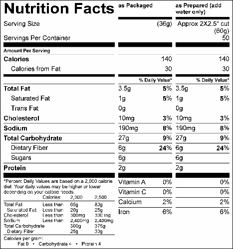 Whole Grain Taste of Spice Cake Mix (G6203) Nutritional Information