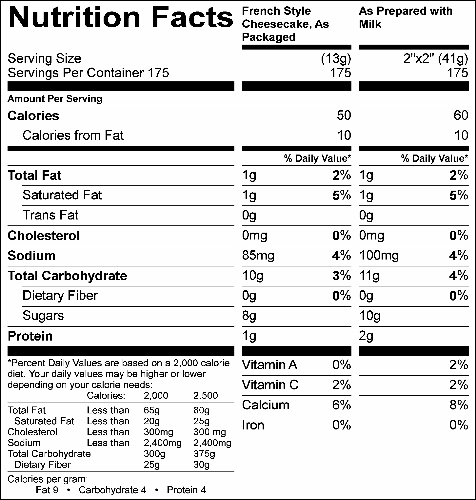 French Style Cheese Cake (G0934) Nutritional Information