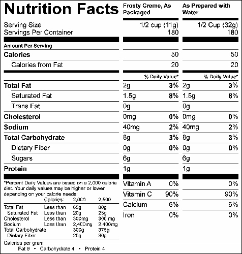 Cookies & Cream NutriFun Frosty Creme (G2353) Nutritional Information