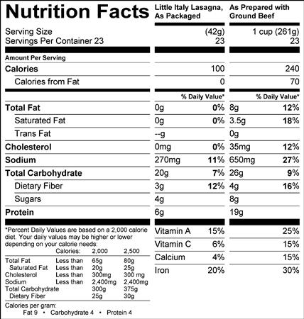 Little Italy Lasagna (LW2005) Nutritional Information