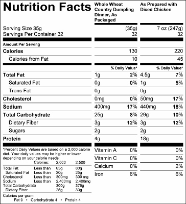 Whole Grain Country Dumpling Dinner Mix (G0342) Nutritional Information