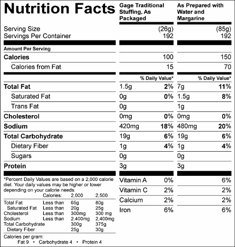 Traditional Stuffing Mix (G0353) Nutritional Information