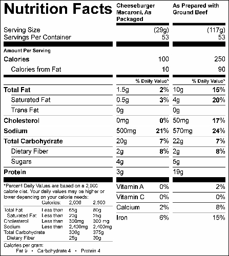 Whole Grain Cheeseburger Mac (G0322WG) Nutritional Information