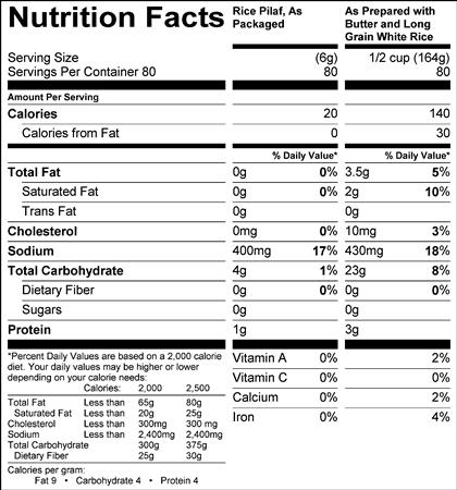 Rice Pilaf Rice Spice (G0488) Nutritional Information