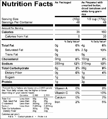 Spanish Rice Spice (G0491) Nutritional Information