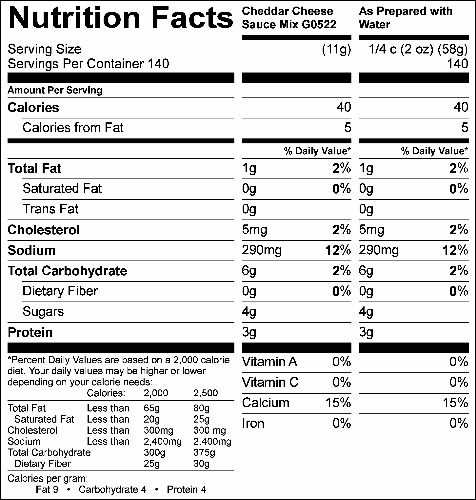 Cheddar Cheese Sauce Mix (G0522) Nutritional Information