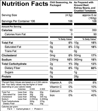 Chili Seasoning Mix (G0530) Nutritional Information