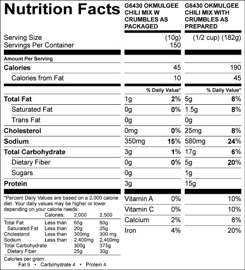Okmulgee Chili Mix with Crumbles (G6430) Nutritional Information