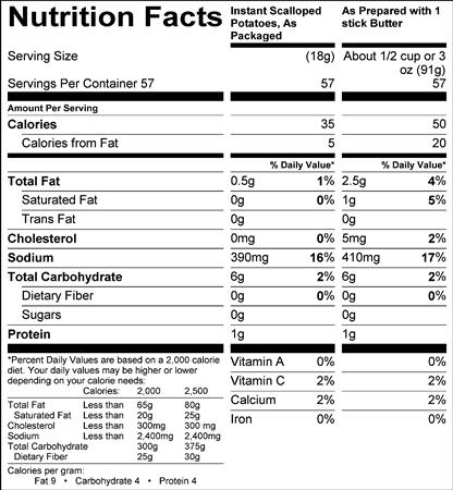 Instant Scalloped Potatoes (G1242) Nutritional Information