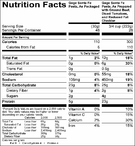 Santa Fe Pasta  (G4220) Nutritional Information