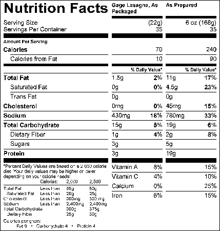Lasagna Dinner Mix  (G0334) Nutritional Information