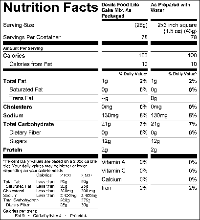  Devils Food Lite Cake Mix (G0691) Nutritional Information