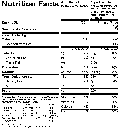 Beefy Santa Fe Pasta Mix (MS0012) Nutritional Information