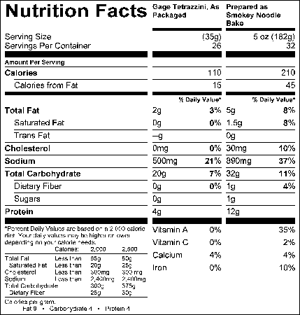 Smokey Noodle Bake (MS0017) Nutritional Information