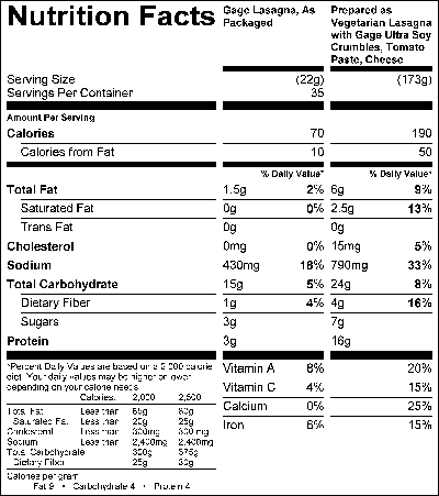 Vegetarian Lasagna Bake (MS0041) Nutritional Information