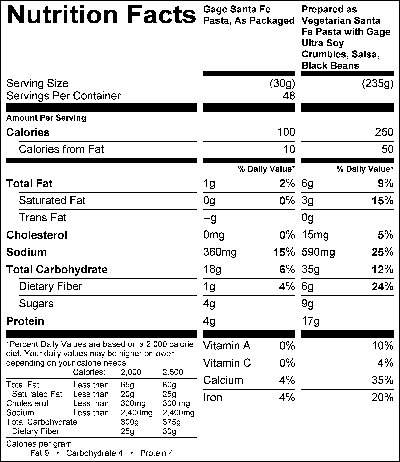 Vegetarian Santa Fe Pasta (MS0042) Nutritional Information