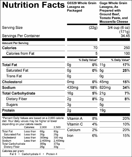 Whole Grain Lasagna Dinner Mix (G0329) Nutritional Information