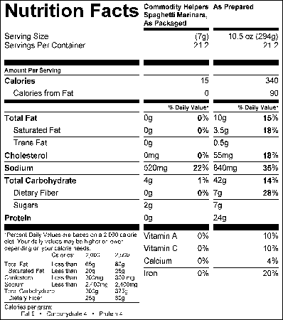 Spaghetti Marinara Sauce Pack (G0312) Nutritional Information